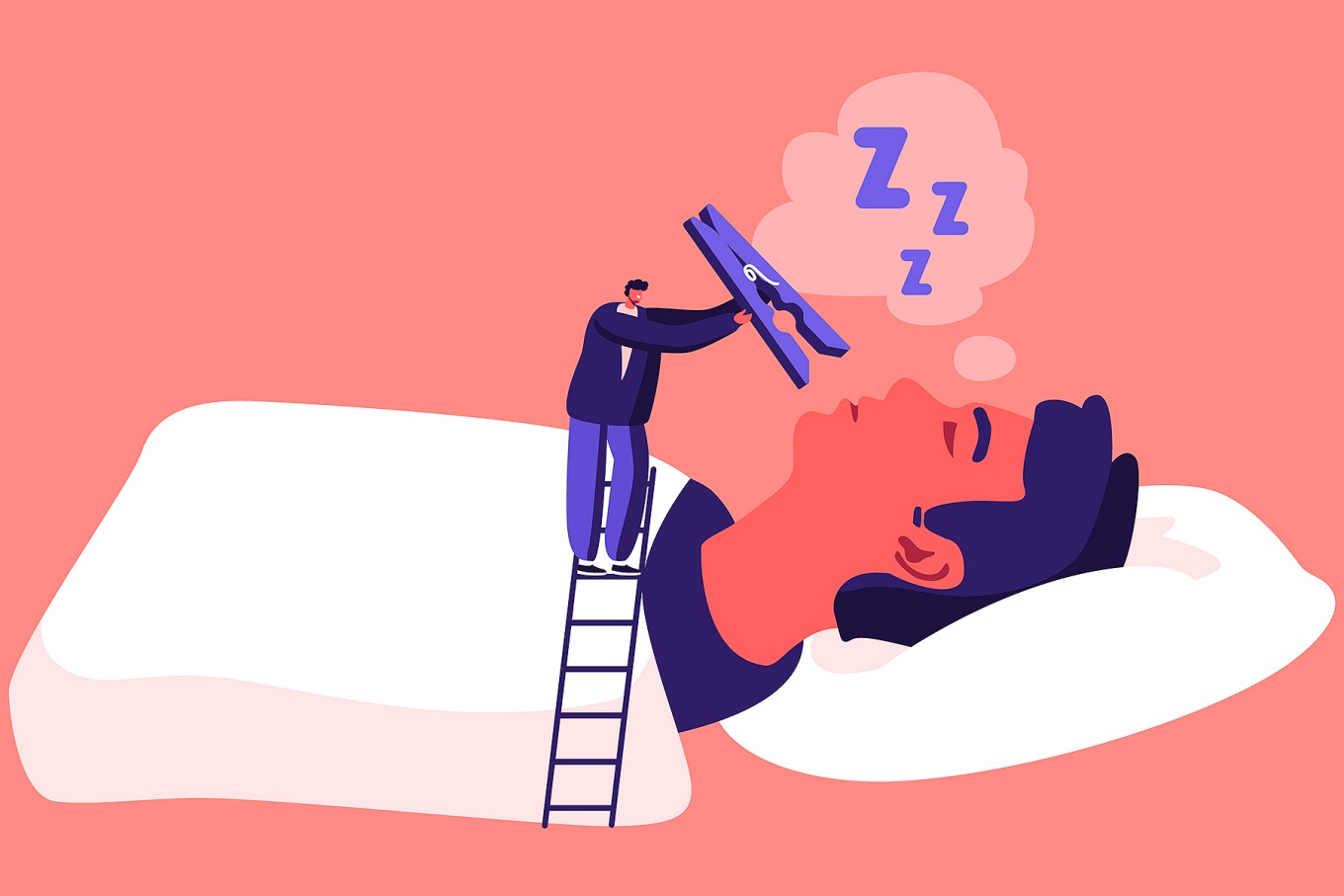 Concept of sleep apnea treatment; illustration of a large person sleeping and snoring and a smaller figure climbing a ladder with a clothespin. 