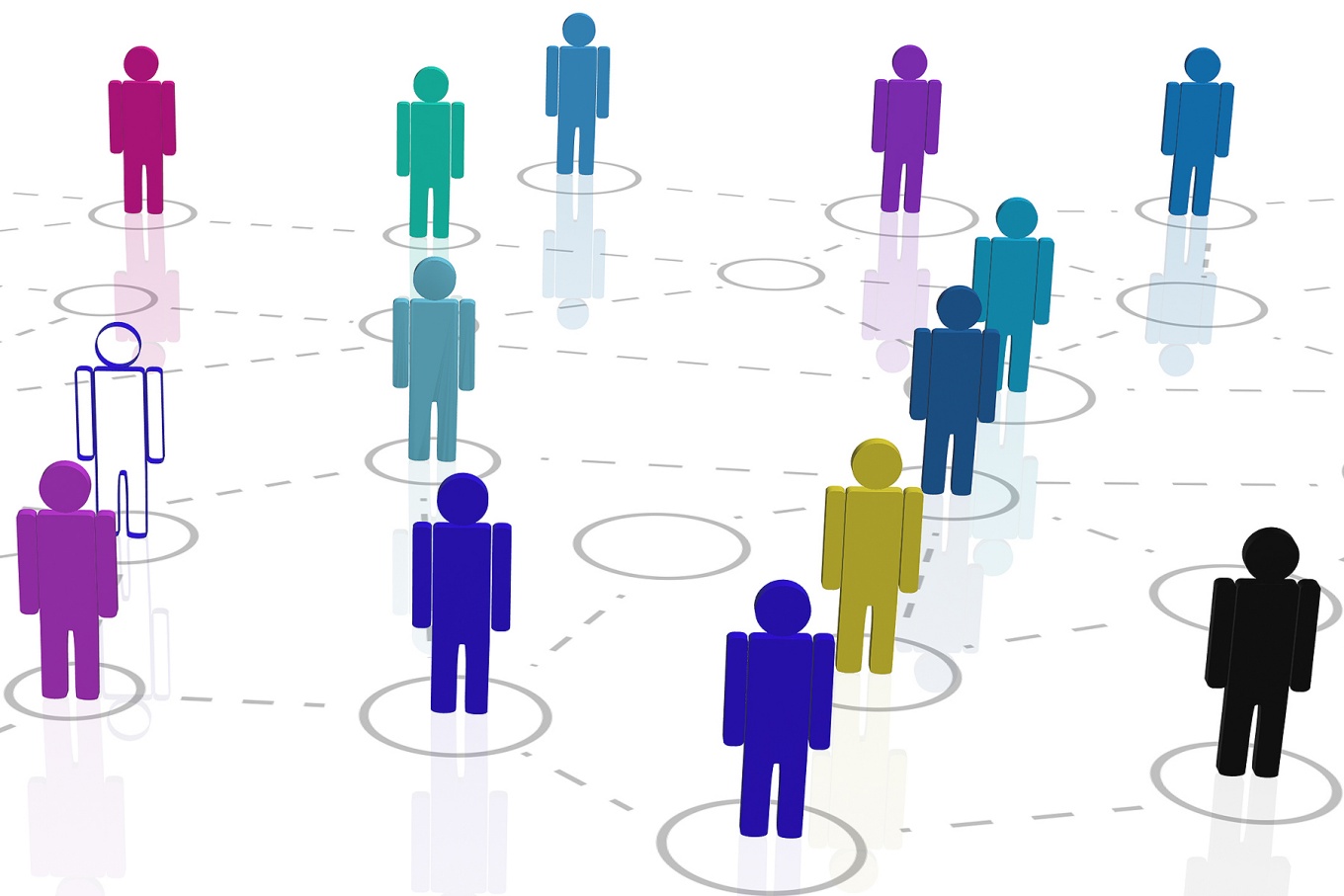 Concept of a network of people featuring human figures interconnected by dotted lines. 