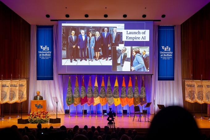 Zoom image: President Tripathi delivers the State of the University address. Photo: Meredith Forrest Kulwicki 