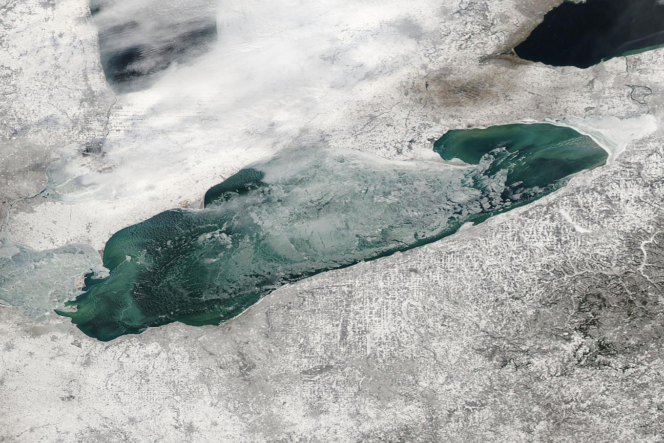 Satellite view of ice cover on Lake Erie from January 2025. 