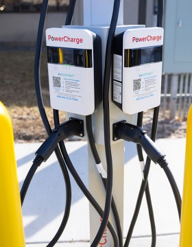 Zoom image: The new EV fleet chargers will allow UB to charge up to 40 electric vehicles at the same time. Photo: Douglas Levere  