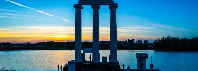 The columns at Baird Point during sunset over Lake LaSalle. 