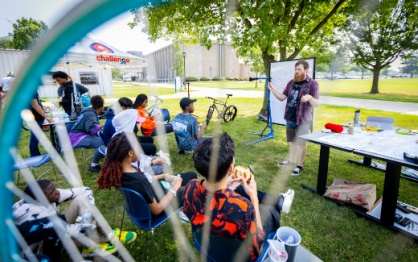 Zoom image: A free, family-friendly event led by UB faculty members Noemi Waight and Ryan Rish includes bike-related activities and a community ride. Photo: Douglas Levere 