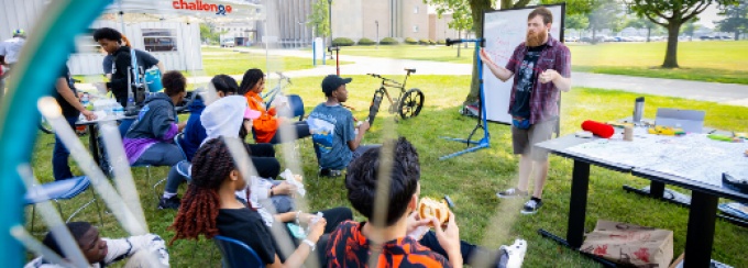 Zoom image: A free, family-friendly event led by UB faculty members Noemi Waight and Ryan Rish includes bike-related activities and a community ride. Photo: Douglas Levere 