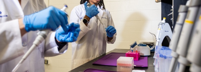 UB faculty member Carleara Weiss working in the School of Nursing's new wet lab in Farber Hall. 