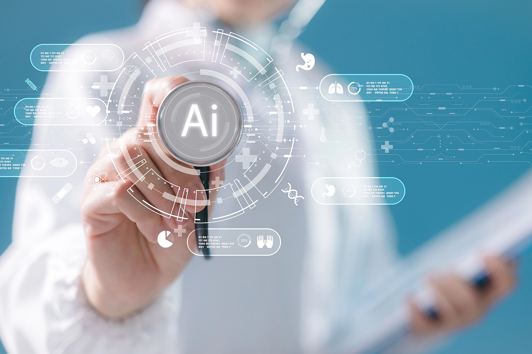 Concept of AI in healthcare featuring a doctor holding out a stethoscope with "AI" on it and healthcare-related icons surrounding it.