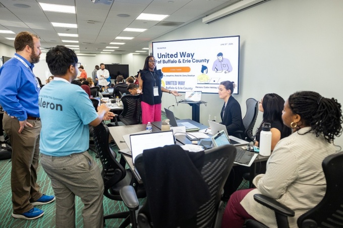 Zoom image: Students from Western New York Sophomore Externship Experience at UB teamed up in June to participate in TechBuffalo’s design challenge at Seneca One using their tech and business know-how to solve problems for community organizations. Photo: Meredith Forrest Kulwicki 
