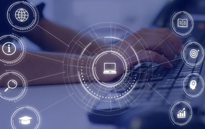 Concept of digital literacy featuring various computing icons with a person using a computer in the background. 