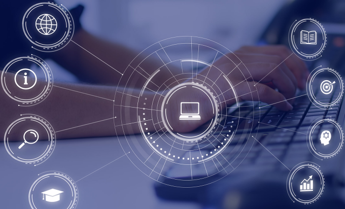 Concept of digital literacy featuring various computing icons with a person using a computer in the background. 