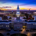 Aerial photo of Hayes Hall on UB's South Campus at sunset. 