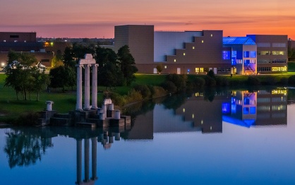 Aerial image of Baird Point on UB's North Campus at sunset. 