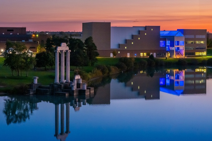 Aerial image of Baird Point on UB's North Campus at sunset.