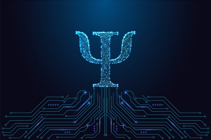 Concept of AI ethics in Social work featuring a digital Psi symbol and circuitry.