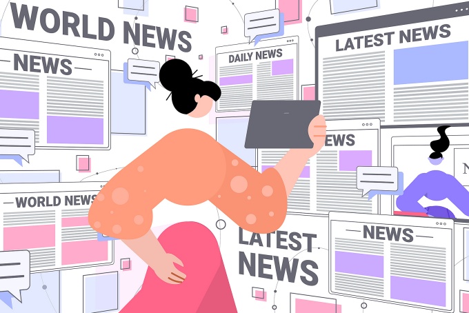 Concept of breaking news, a figure looks at many screens of news coverage.
