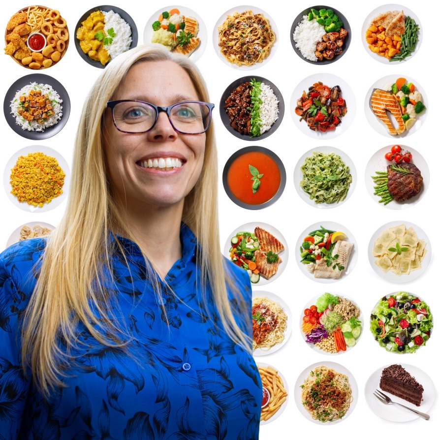 Danielle Meyer, in the background are different dishes of colorful food. 