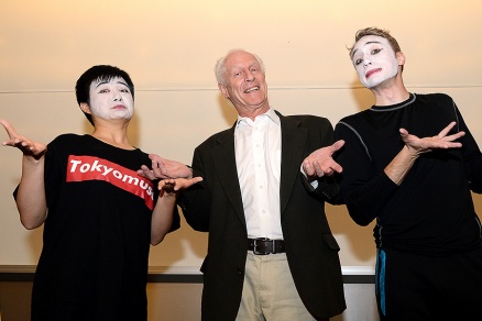 Zoom image: Mimes Suoyang Li and Justin Silvus with Vincent O'Neill, UB associate professor of theatre and dance, who trained them. O'Neill himself trained as a mime artist at Marcel Marceu’s International Mime School in Paris. Photo: Nancy J. Parisi 