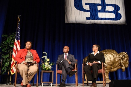 Zoom image: Charles Ogletree discussed the UB student art project during a Q&amp;A moderated by Letitia Thomas of Cora P. Maloney College, left, and Teresa Miller, right, vice provost for equity and inclusion. Photo: Joe Cascio 