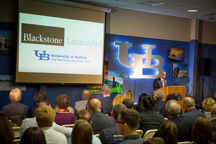 Zoom image: President Satish K. Tripathi addresses the audience. Photo: Douglas Levere 