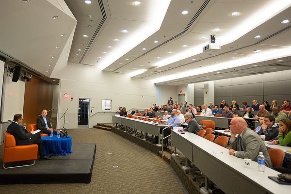Zoom image: Amit Goyal (left), director of UB RENEW, moderates a Q&amp;A session with Peter Rive. Photo: Douglas Levere 