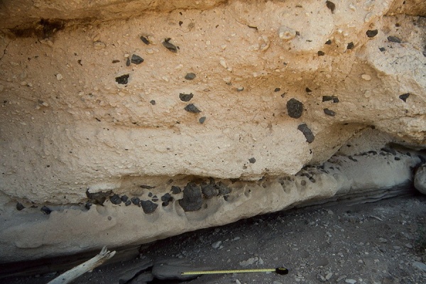 Zoom image: A photograph scanned from a Kodachrome slide shows dark rocks embedded in layers of ash. The rocks were picked up and moved across the landscape by pyroclastic flows when the Silver Creek caldera, a supervolcano, erupted 18.8 million years ago. Photo: Greg A. Valentine 