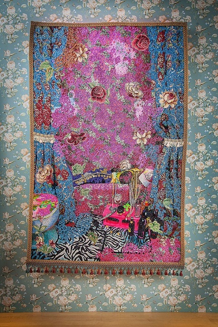 Zoom image: Ebony G. Patterson, "The Passing" (Dead Daadi), 2013; hand-embellished tapestry, 90 x 68 inches 