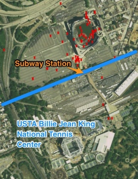 Zoom image: This map shows tweets (red dots) made during the Mets baseball game in 2014. Image: University at Buffalo 