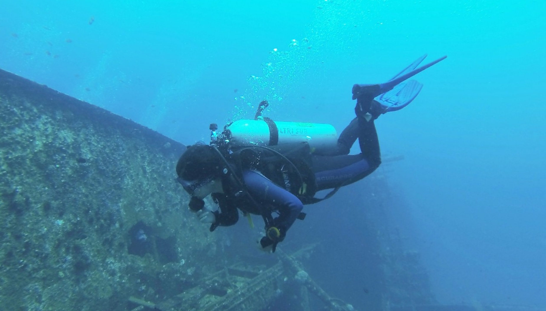 Vinisha Ranna swims near underwater wreckage in Sri Lanka. 