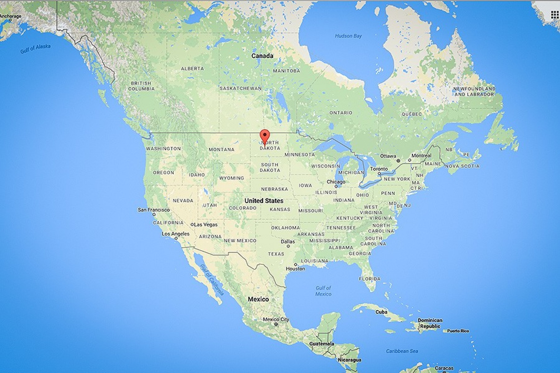 Map of North America with the geographical center pinned on Center, North Dakota. 