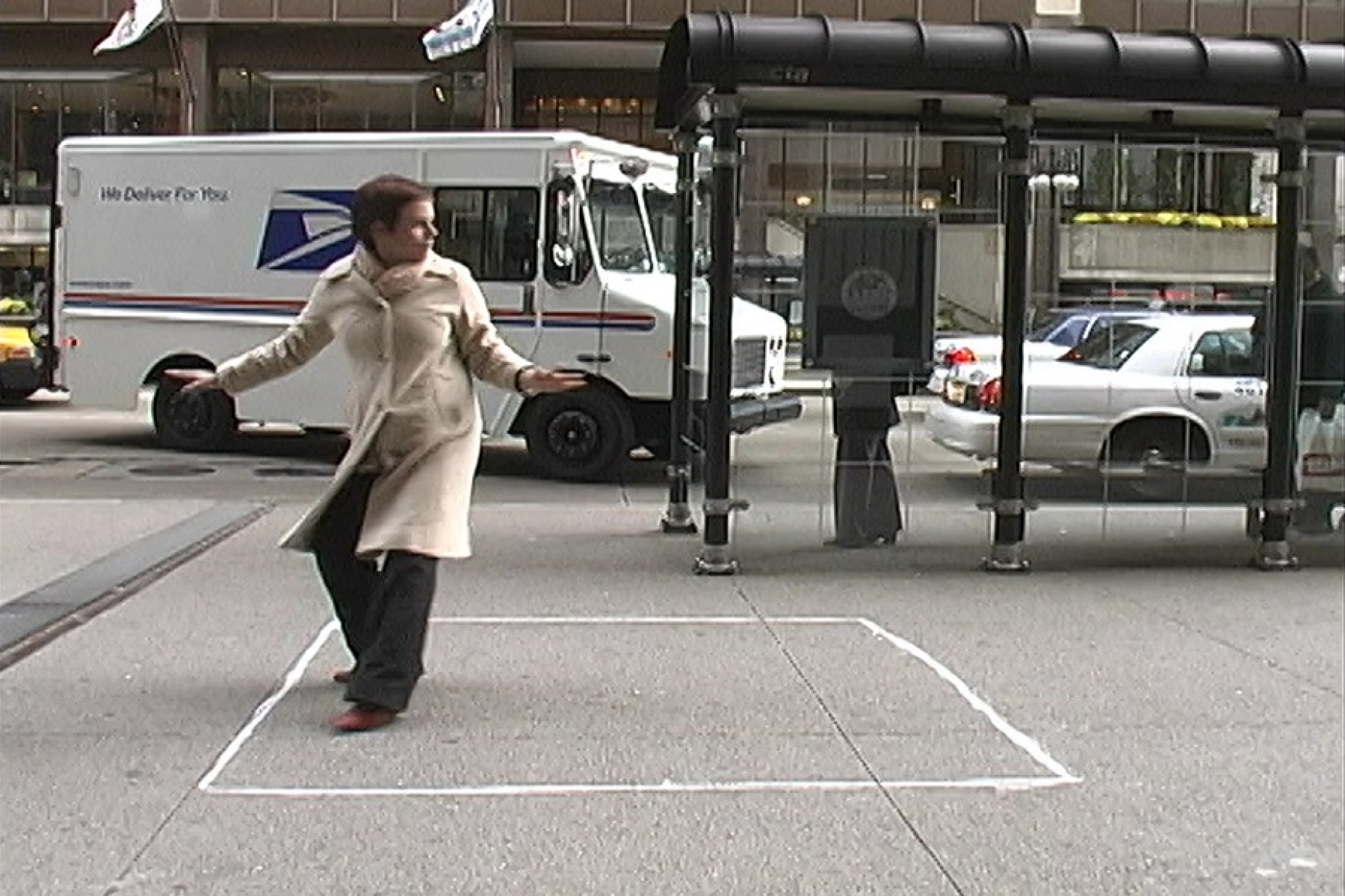 Artist Lilly McElroy "defends" her square in her 2004 video "The Square (After Robert Lopardo)". 