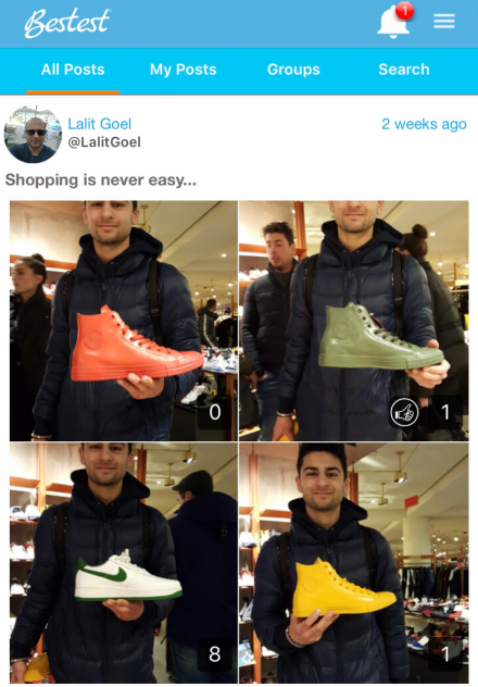Screen shot from the Bestest app: Screen divided into four sections, a young man is holding a different shoe in each section. 
