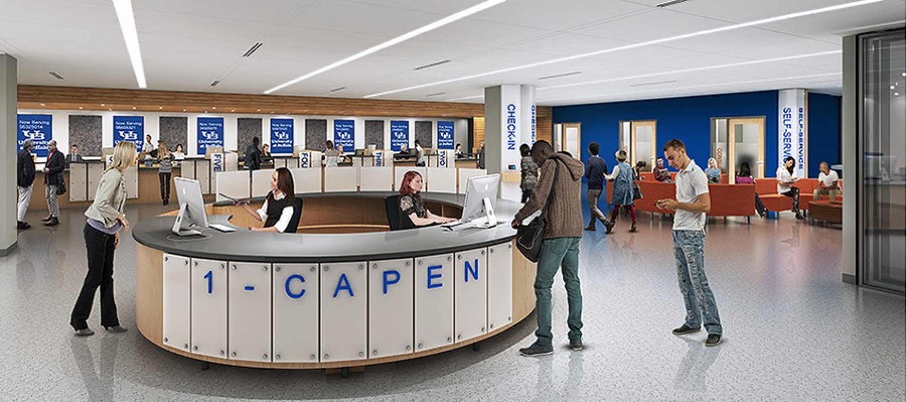 Zoom image: Top: This rendering shows the location of 1Capen on the ground floor of Capen Hall near the Capen Cafe. Bottom: 1Capen uses a "concierge" model, with a main desk where staff fields questions from students and directs them to another nearby counter or office for specific assistance. Renderings: Facilities Planning and Design 