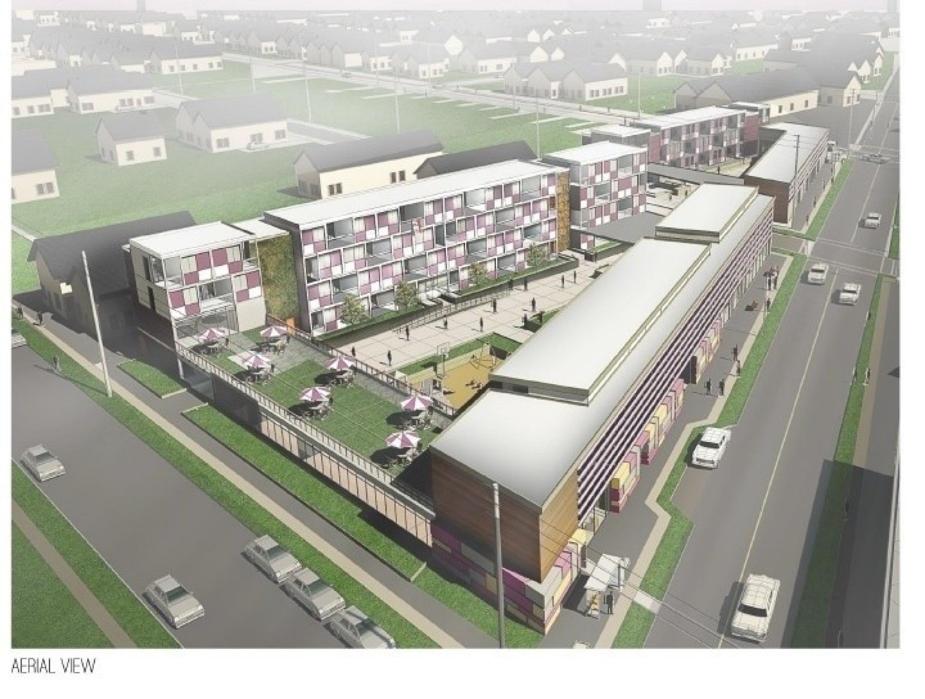 Zoom image: A transitional housing development for refugees and homeless individuals, proposed by one group of students in Erkin Özay's &quot;Rethinking Resettlement&quot; studio (spring 2016), features embedded amenities such as outdoor recreation and courtyards. It is also strategically located within walking distance to mass transit. 