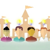 Video screen capture of a graphic of students with lightbulbs above their heads and a school building in the background. 