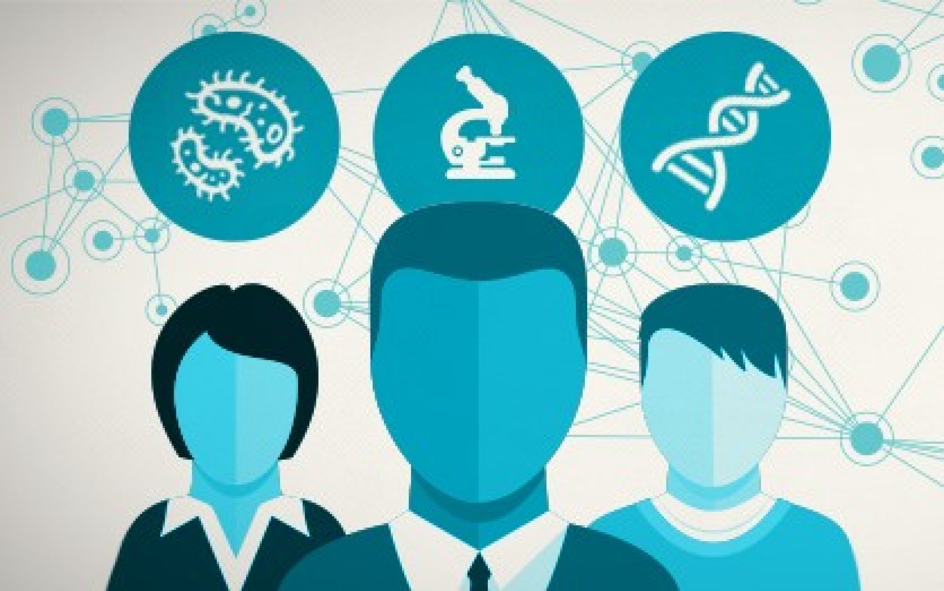 graphic with three heads and 3 thought bubbles, one with bacteria, one with a microscope and one with a DNA helix. 