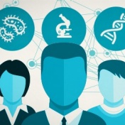 graphic with three heads and 3 thought bubbles, one with bacteria, one with a microscope and one with a DNA helix. 