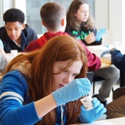 Madison Kuss, Hillery Park School #27 student, looking very focused while doing an experiment on Genome Day. 