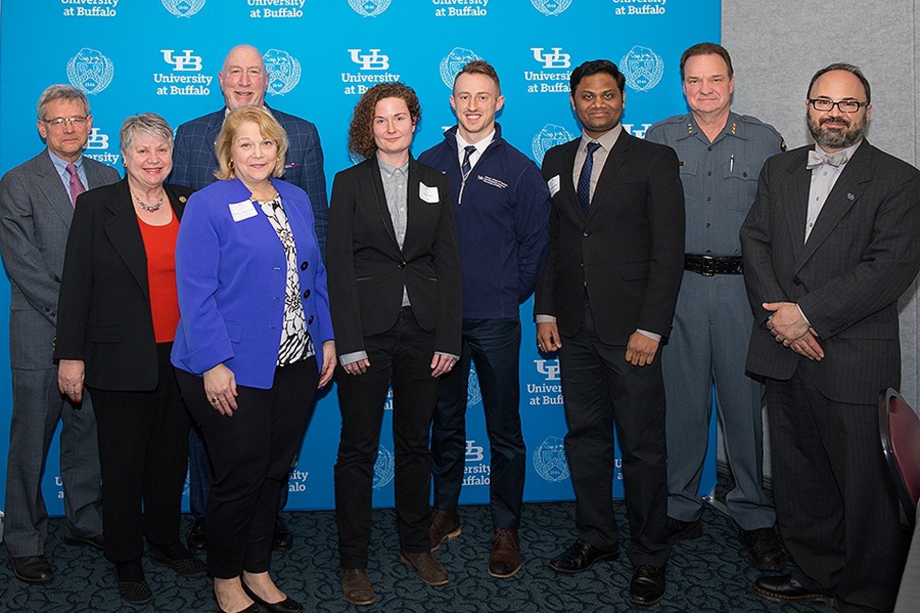 2nd Anual Shared Governance Say at UB, Joint Meeting of the UB Faculty Senate and the Professional Staff Senate at the Center for Tomorrow. From Left: Charles Zukoski, Sharon Cramer, Philip Glick, Virginia Horvath, Tanja Aho, Conor Arquette, Sai Bidarkoti, Gerald Schoenle, Domenic Licata. 