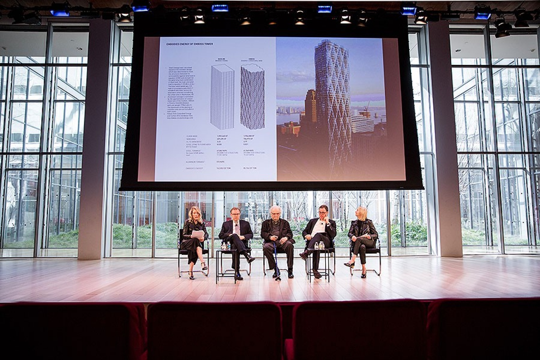 Participants at the "Meeting the Architecture 2030 Challenge" on stage during the Emboss Tower presentation. 