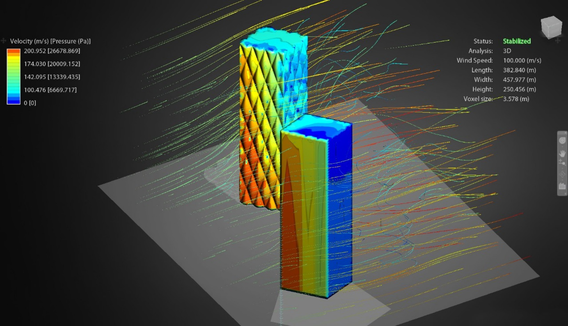 This digitallly-created wind tunnel simulation shows the reduced surface pressure of Jin Young Song's Emboss Tower design compared to a baseline flat tower. 