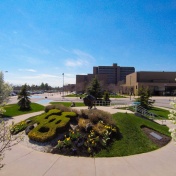 shot of north campus looking from buffalo statue in front of Center for the Arts. 
