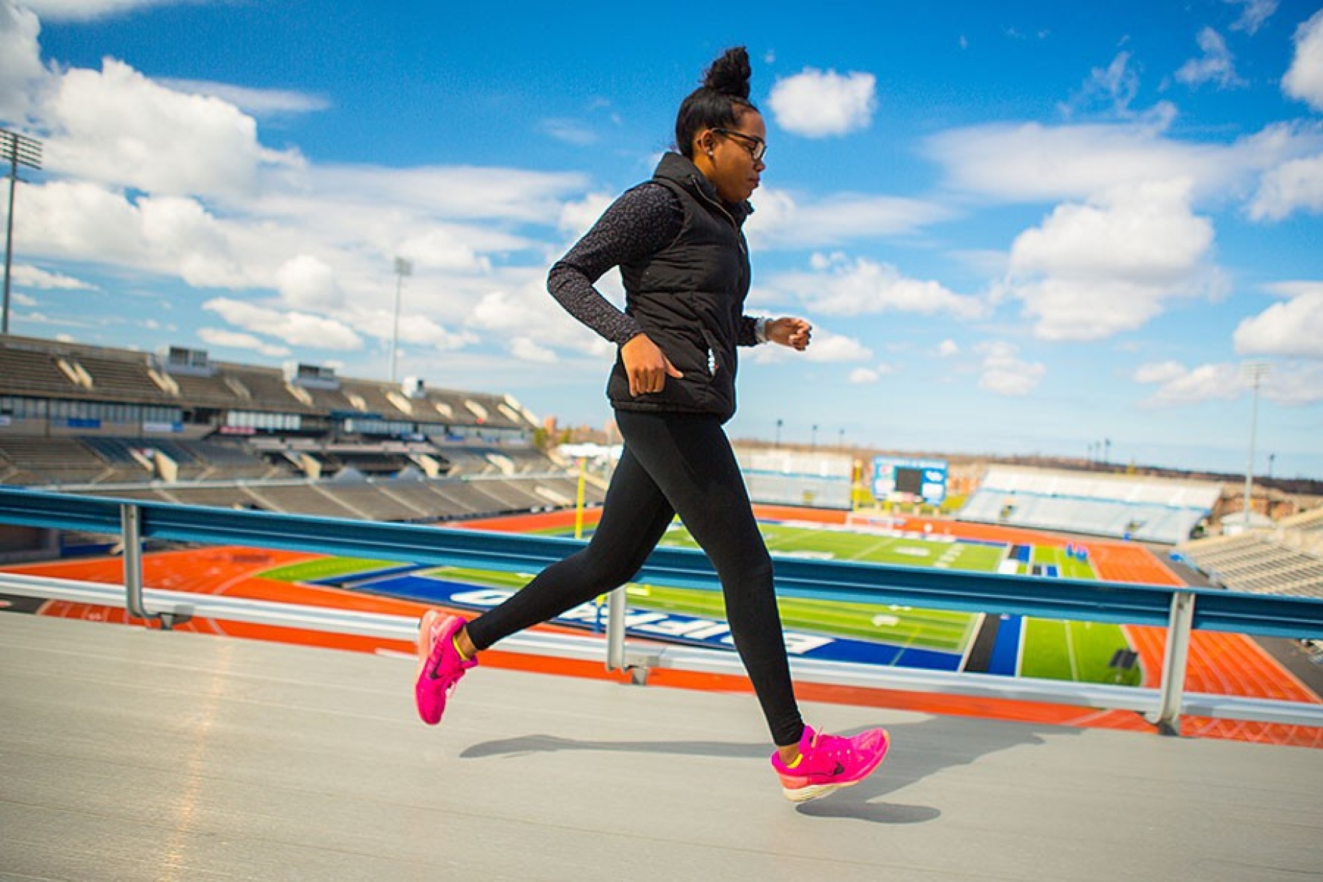 Patricia Lorquet running the track at UB Stadium. 