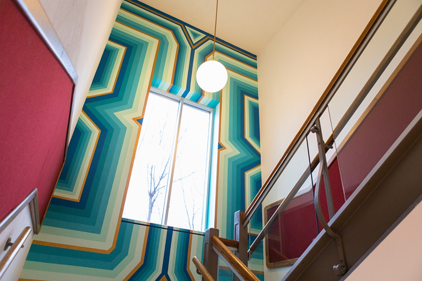 “Electric Avenue (In Blue),” a mural in the stairwell of the UB Anderson Gallery. 