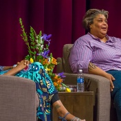 Roxane Gay and Nnedi Okorafor seated on the stage in the Center for the Arts Mainstage. 