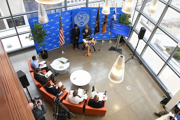 Zoom image: An overhead view of one of the team pitches during the ErieHack competition. Photo: Nancy J. Parisi 