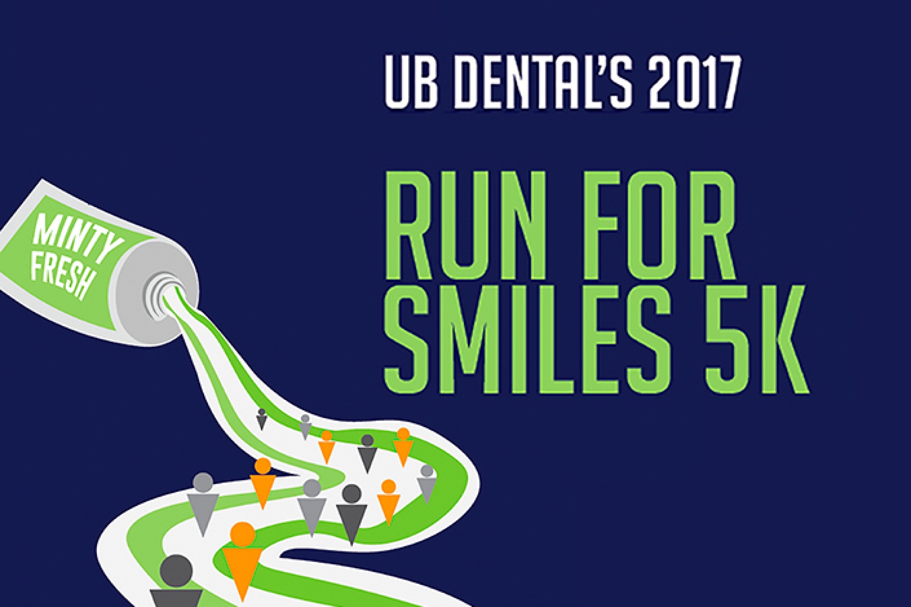 Graphic for Run for Smiles 5k race -- tube of toothpaste squeezing out into a road with runners on it. 