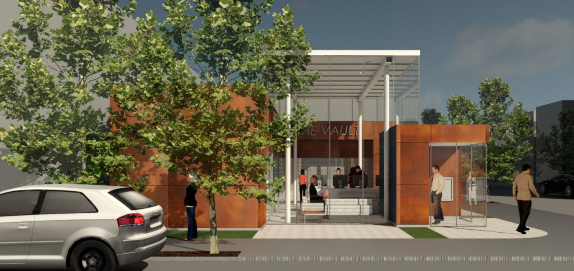 Patrick OBrien's rendering of his design concept for a bank branch that provides space for safe deposit boxes and financial education seminars, but not bank tellers. 