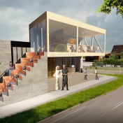 Yushi Zhao's rendering of a bank branch with a landscaped courtyard and a meeting room over the main entrance. 