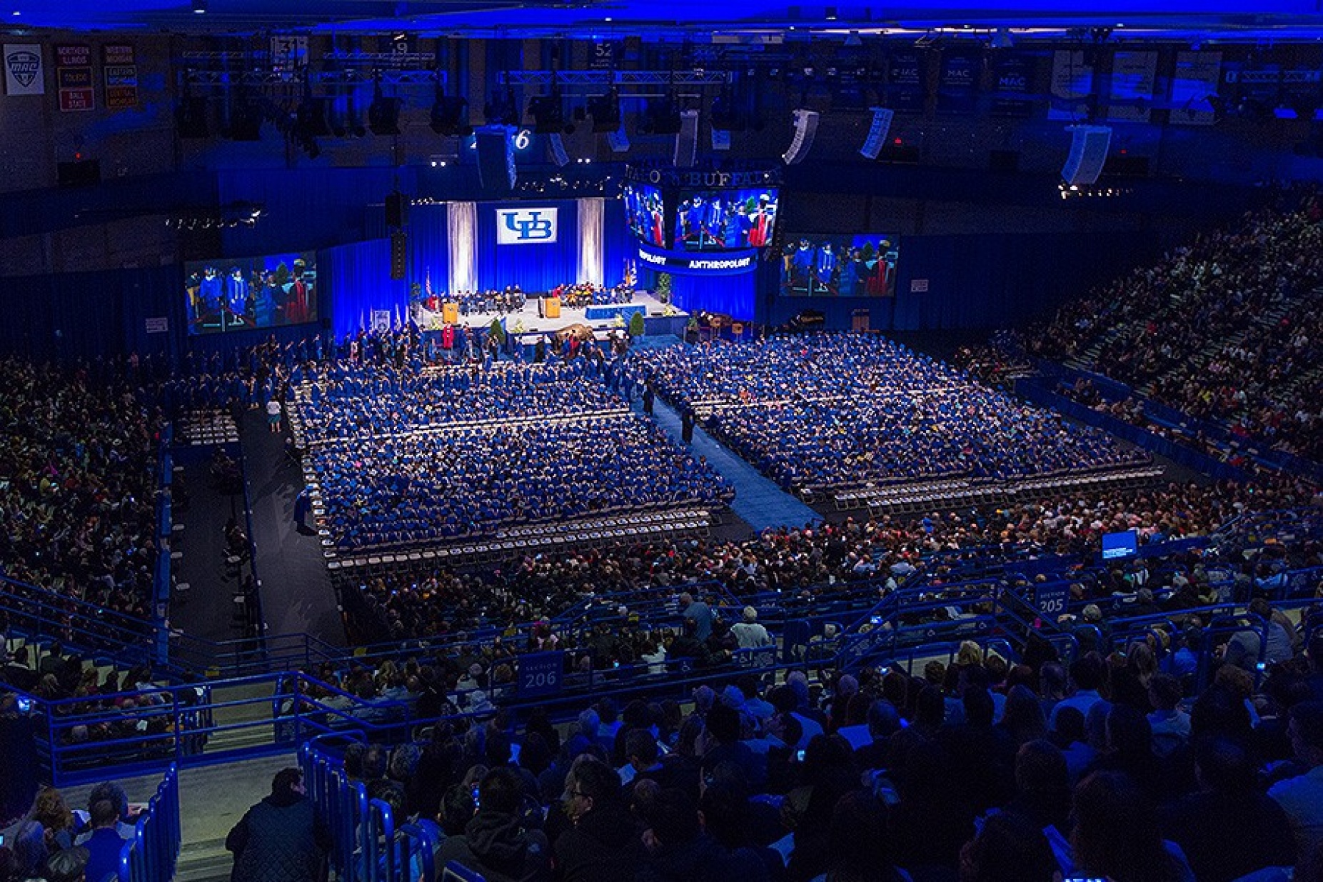 A large crowd fills Alumni Arena during the 2016 CAS Commencement ceremony.