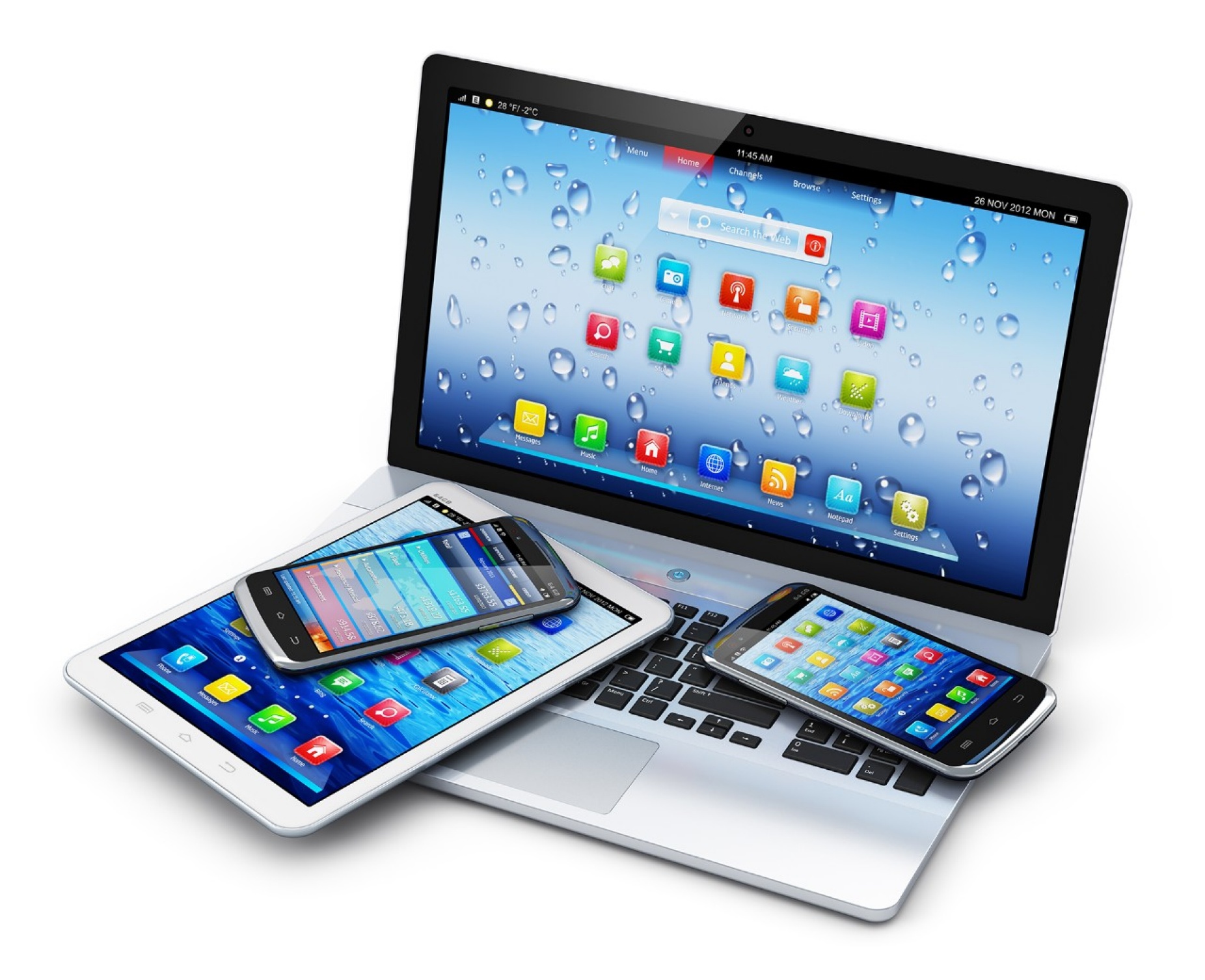 Pile of electronics -- laptop, tablet, phone. 