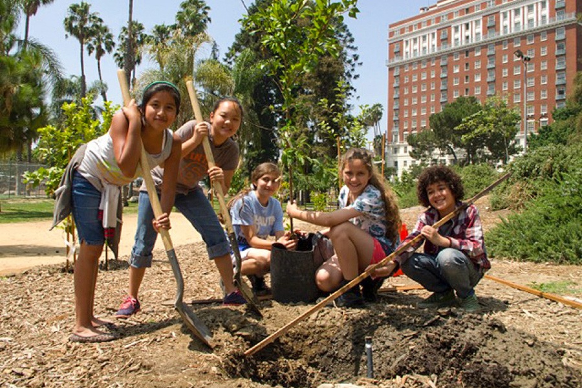Photograph of children participating in the "endless Orchard" project, planting fruit trees. 